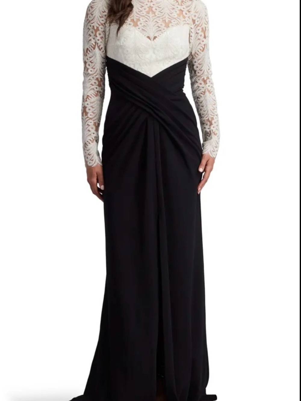Tadashi Shoji Black and White Lace Long-Sleeve Evening Gown